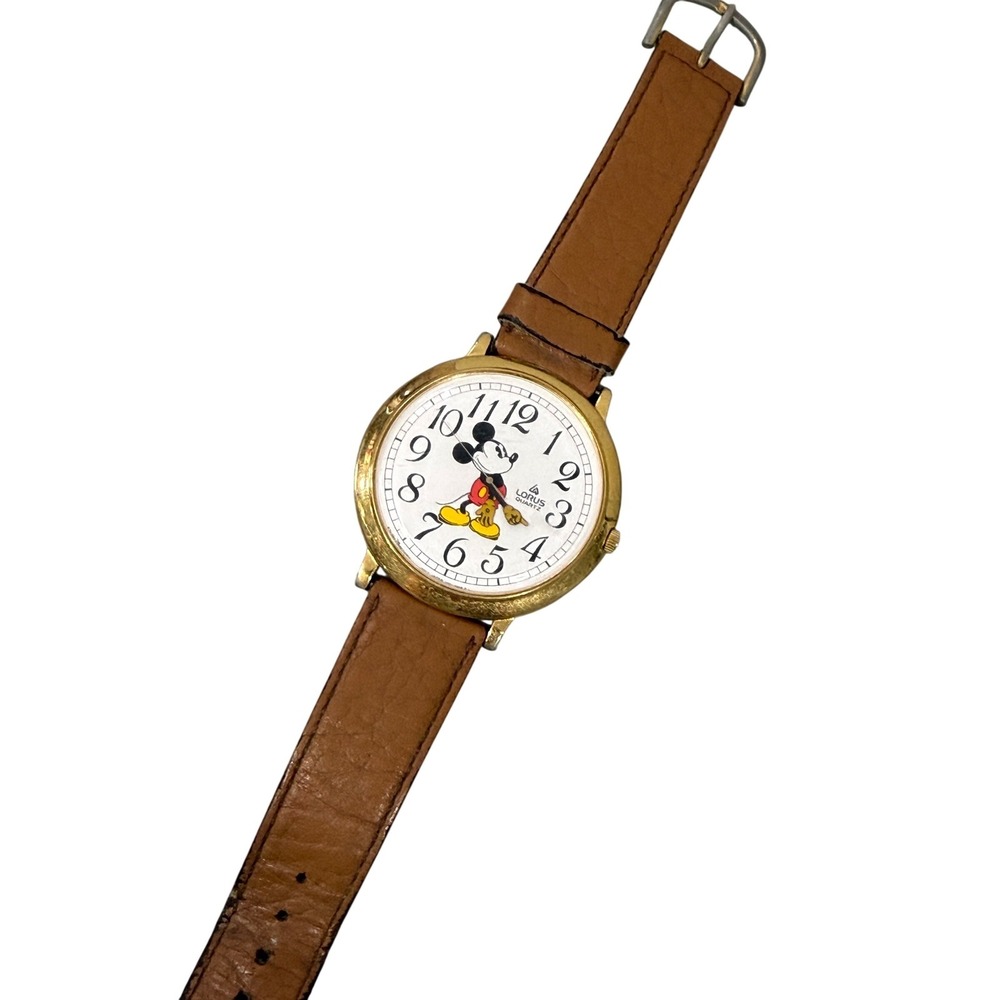 UNTESTED Vintage Lorus Mickey Mouse Watch Gold Tone V501-0A20 Disney Leather